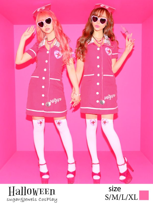 画像2: 【値下げ！】【ハロウィン2点セット】ピンクナースコスプレセット【S-Lサイズ/1カラー】(6731sockSB/ch02)[HC02]