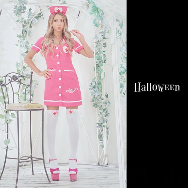 画像2: 【値下げ！】【即日発送】【ハロウィン】ピンクナースコスプレセット【コスプレ2点セット】【S-Lサイズ/1カラー】(6731sockSB/ch02)[YMT]