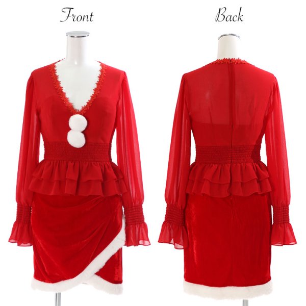 画像7: SALE!【X'mas3点セット】ハイウエストペプラムシフォンサンタコスプレ[OF01]