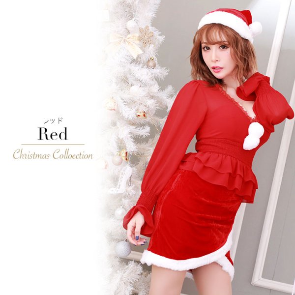 画像2: SALE!【X'mas3点セット】ハイウエストペプラムシフォンサンタコスプレ[YMT]