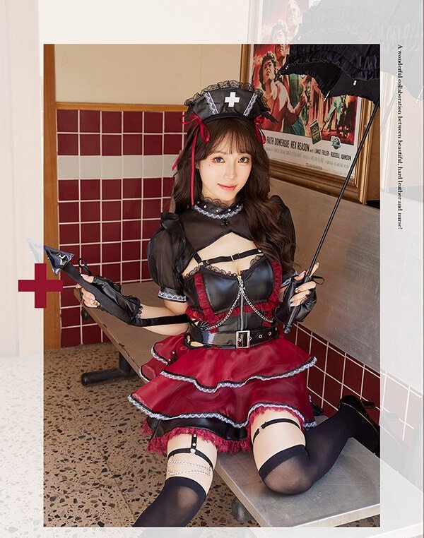 画像1: 【即日発送】ホーンテッドブラックレザーナース【マリームーン】【ハロウィンコスプレ6点セット】【フリーサイズ/2カラー】[YMT]