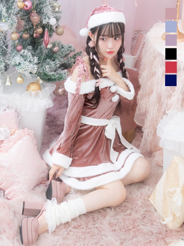 画像2: 【即日発送！】【サンタコス 4点セット】【S-Lサイズ/6カラー】グリッターリボン2段フレアサンタコスプレ[YMT]