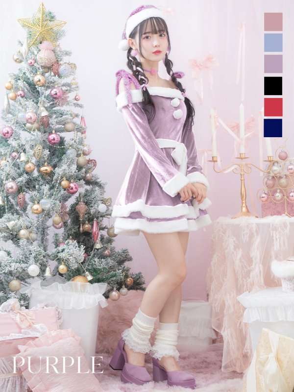 画像1: 【即日発送！】【サンタコス 4点セット】【S-Lサイズ/6カラー】グリッターリボン2段フレアサンタコスプレ[YMT]
