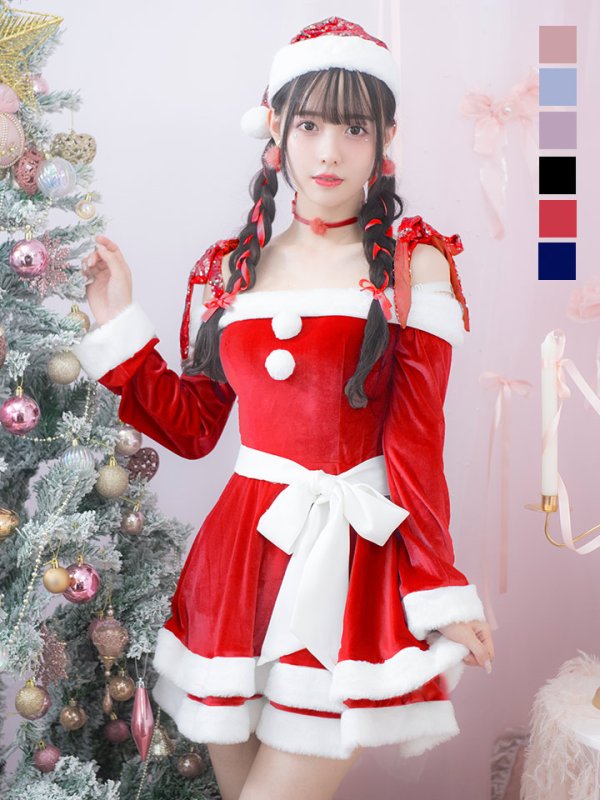 画像6: 【一部予約 / 11月中旬発送予定】【サンタコス 4点セット】【XS-XLサイズ/8カラー】グリッターリボン2段フレアサンタコスプレ[YMT]