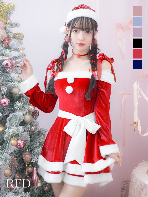 画像1: 【即日発送！】【サンタコス 4点セット】【S-Lサイズ/6カラー】グリッターリボン2段フレアサンタコスプレ[YMT]