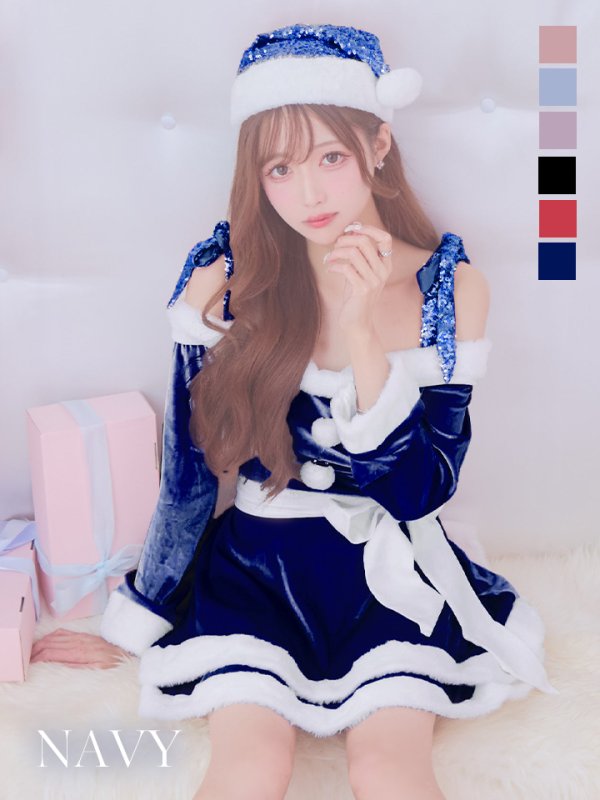 画像1: 【即日発送！】【サンタコス 4点セット】【S-XLサイズ/6カラー】グリッターリボン2段フレアサンタコスプレ[YMT]