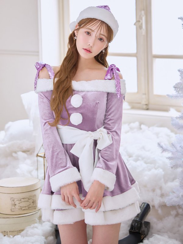 画像1: 【送料無料！】【サンタ】グリッターリボン2段フレアサンタコスプレ【コスプレ4点セット】【XS-XLサイズ/8カラー】[OF01]