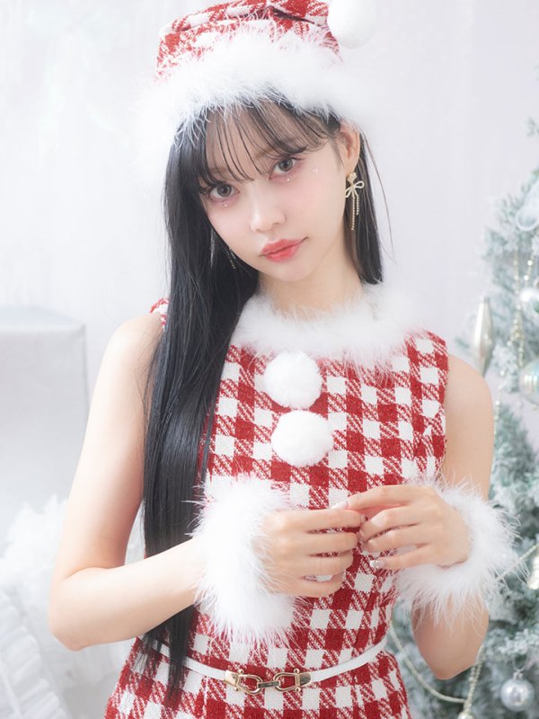 画像5: 【サンタコス 5点セット】【XS-XLサイズ/2カラー】ギンガムチェックタイトワンピースサンタコスプレ[YMT]