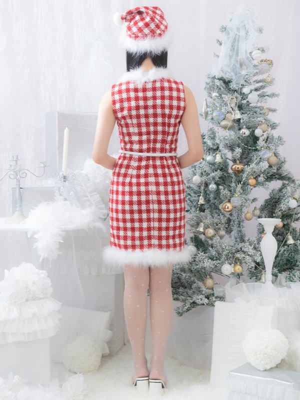 画像6: 【サンタコス 5点セット】【XS-XLサイズ/2カラー】ギンガムチェックタイトワンピースサンタコスプレ[YMT]