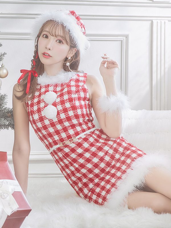 画像15: 【サンタコス 5点セット】【XS-XLサイズ/2カラー】ギンガムチェックタイトワンピースサンタコスプレ[YMT]