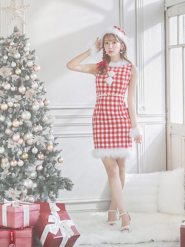 画像21: 【サンタコス 5点セット】【XS-XLサイズ/2カラー】ギンガムチェックタイトワンピースサンタコスプレ[YMT]