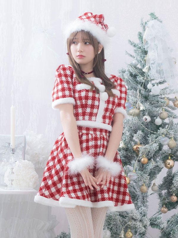 画像12: 【即日発送！】【サンタコス 5点セット】【XS-Lサイズ/2カラー】ギンガムチェックセットアップフレアサンタコスプレ[YMT]