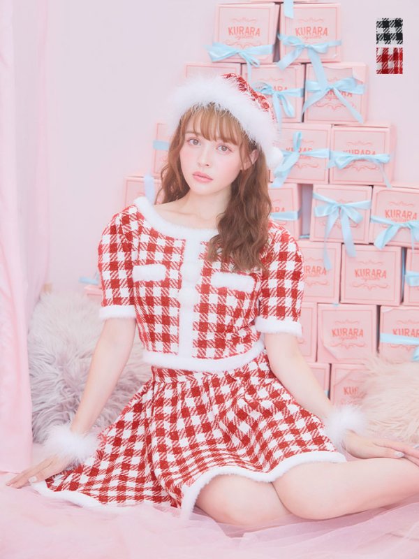 画像2: 【即日発送！】【サンタコス 5点セット】【XS-Lサイズ/2カラー】ギンガムチェック セットアップフレアコスプレ[YMT]