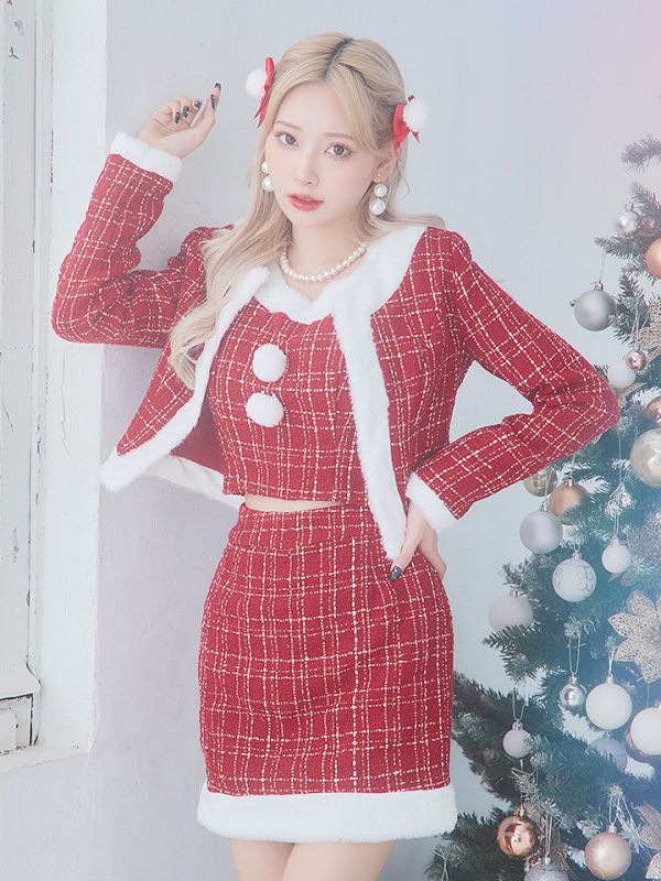 画像4: SALE!【サンタコス 6点セット】【XS-Lサイズ/1カラー】ツイードジャケットチェックセットアップサンタコスプレ[YMT]