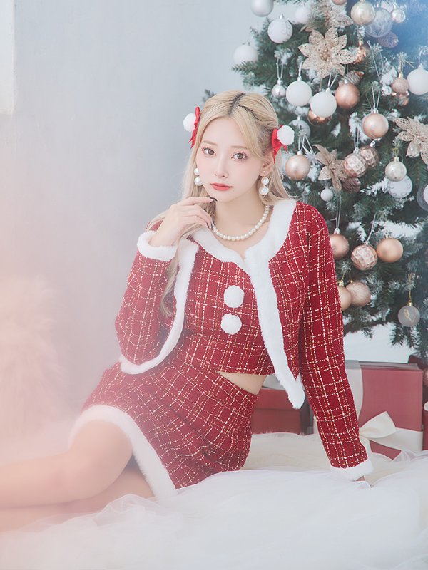 画像8: SALE!【サンタコス 6点セット】【XS-Lサイズ/1カラー】ツイードジャケットチェックセットアップサンタコスプレ[YMT]