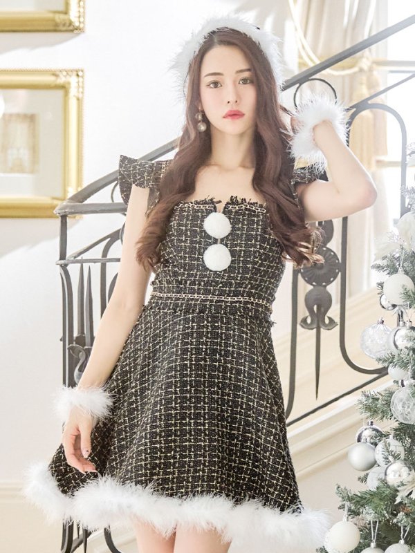 画像4: SALE!【サンタコス 4点セット】【S-Lサイズ/2カラー】チェーンモチーフフロントジップツイードフレアサンタコスプレ[YMT]