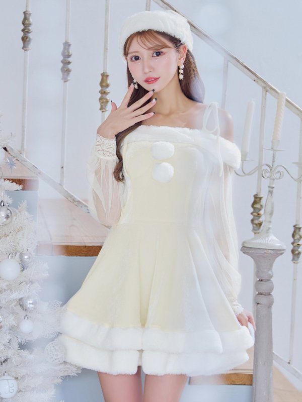 画像2: 【即日発送】【サンタコス 3点セット】【XS-XLサイズ/1カラー】オフショルダーシアーチュールフレアサンタコスプレ[YMT]