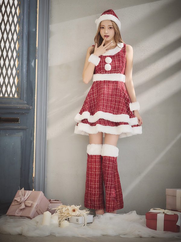 画像10: 即日発送!【サンタコス 5点セット】【S-Lサイズ/3カラー】ツイードチェック2段フレアスカートサンタコスプレ[YMT]