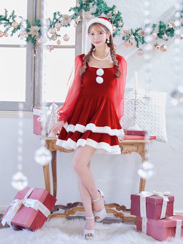 画像3: 【即日発送】【サンタコス 3点セット】【S-Lサイズ/1カラー】チュールシアーフレアサンタコスプレ[YMT]