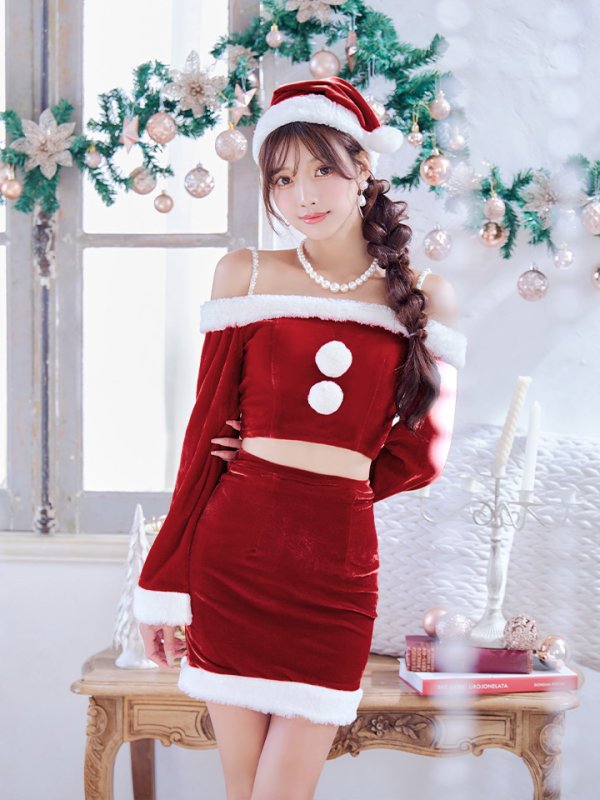 画像2: 【予約商品/11月下旬発送予定】【サンタコス 4点セット】【S-Lサイズ/2カラー】オフショルダーセットアップサンタコスプレ[OF01]