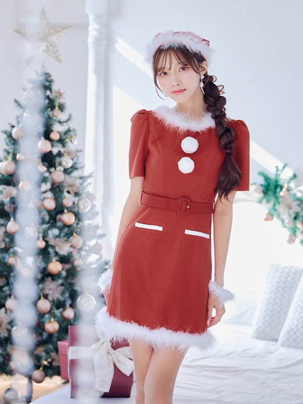 画像27: 【即日発送！】【サンタコス5点セット】【S-Mサイズ/2カラー】ツイードベルトワンピースサンタコスプレ[YMT]