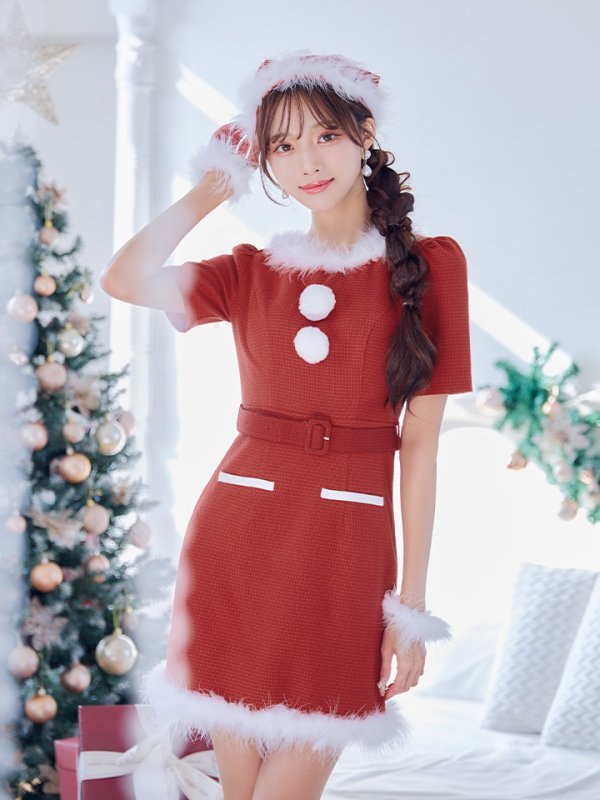 画像28: 【即日発送！】【サンタコス5点セット】【S-Mサイズ/2カラー】ツイードベルトワンピースサンタコスプレ[YMT]