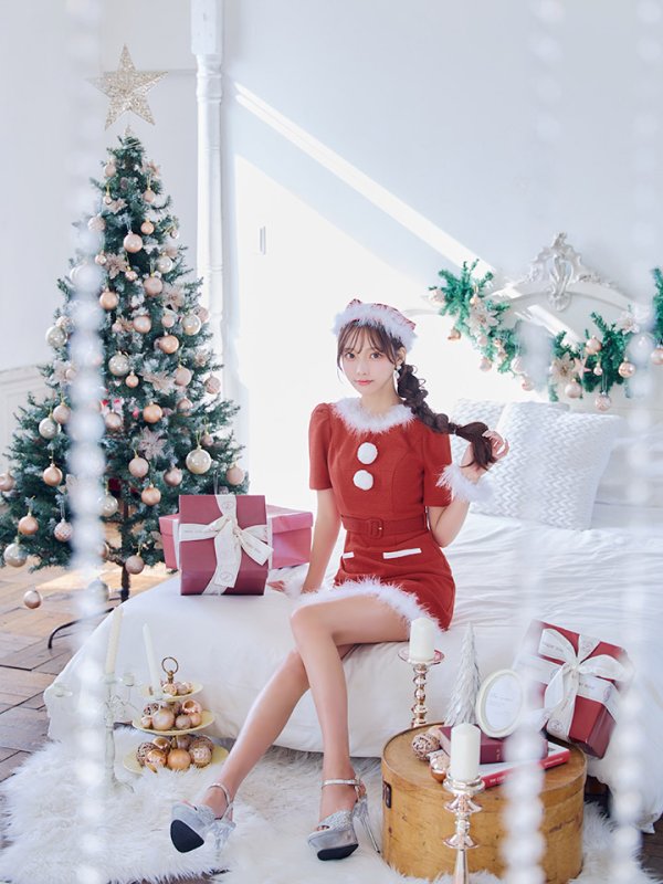 画像29: 【即日発送！】【サンタコス5点セット】【S-Mサイズ/2カラー】ツイードベルトワンピースサンタコスプレ[YMT]