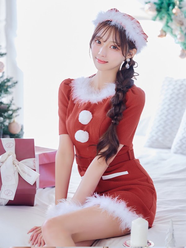 画像32: 【即日発送！】【サンタコス5点セット】【S-Mサイズ/2カラー】ツイードベルトワンピースサンタコスプレ[YMT]