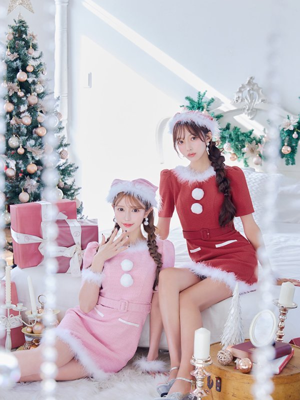 画像36: 【即日発送！】【サンタコス5点セット】【S-Mサイズ/2カラー】ツイードベルトワンピースサンタコスプレ[YMT]