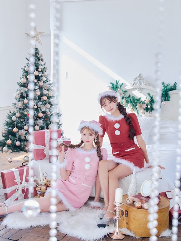 画像37: 【即日発送！】【サンタコス5点セット】【S-Mサイズ/2カラー】ツイードベルトワンピースサンタコスプレ[YMT]