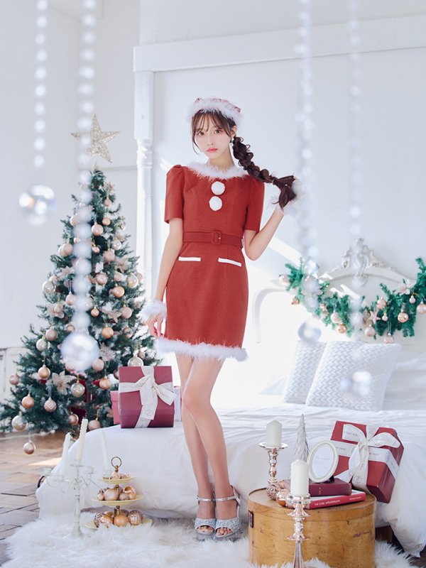 画像25: 【即日発送！】【サンタコス5点セット】【S-Mサイズ/2カラー】ツイードベルトワンピースサンタコスプレ[YMT]