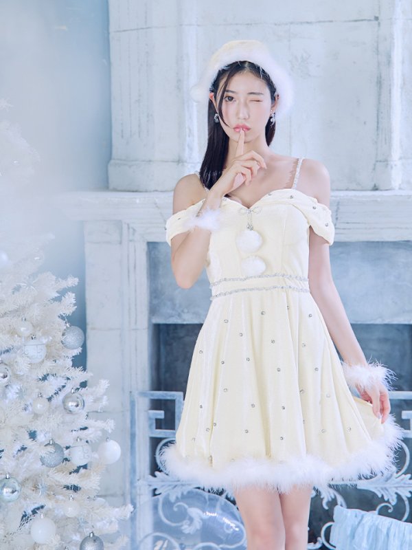 画像12: 【ノベルティ対象】【即日発送！】【サンタコス 5点セット】【XS-XLサイズ/3カラー】オフショルビジューリボンフレアサンタ[YMT]