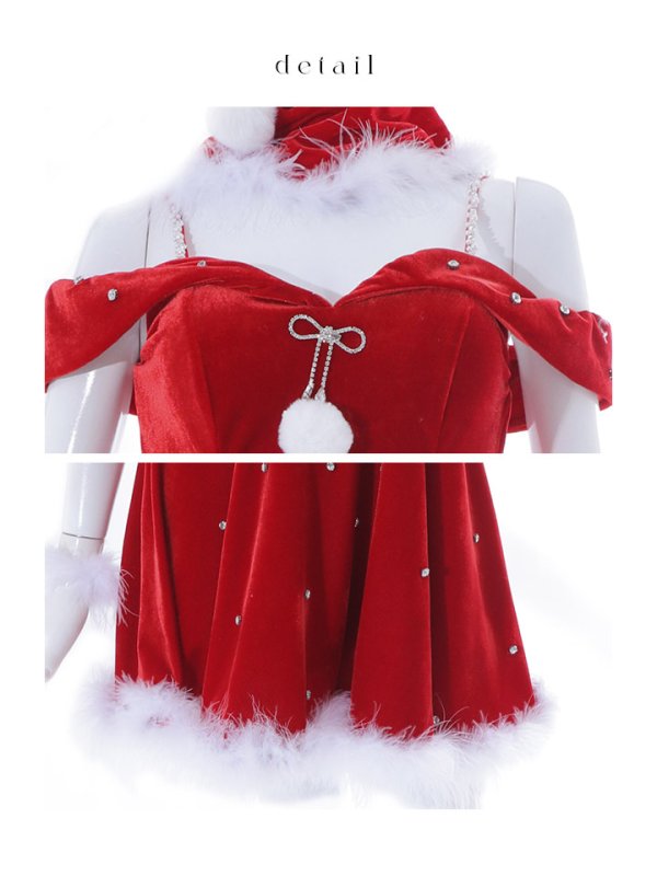 画像40: 【ノベルティ対象】【即日発送！】【サンタコス 5点セット】【XS-XLサイズ/3カラー】オフショルビジューリボンフレアサンタ[YMT]