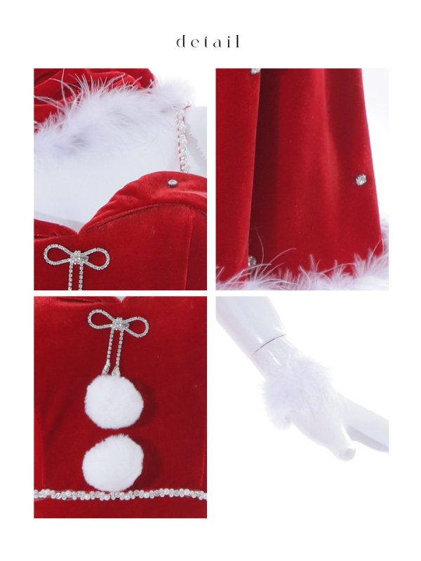 画像41: 【ノベルティ対象】【即日発送！】【サンタコス 5点セット】【XS-XLサイズ/3カラー】オフショルビジューリボンフレアサンタ[YMT]