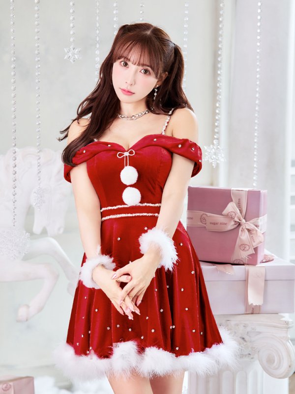 画像1: 【即日発送！】【サンタコス 5点セット】【XS-XLサイズ/3カラー】オフショルビジューリボンフレアサンタ[YMT]