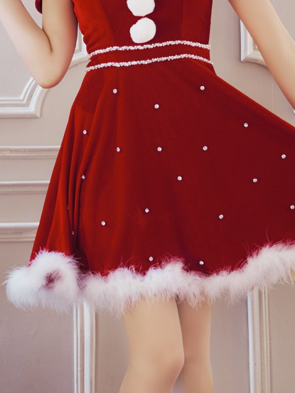 画像13: 【ノベルティ対象】【即日発送！】【サンタコス 5点セット】【XS-XLサイズ/3カラー】オフショルビジューリボンフレアサンタ[YMT]