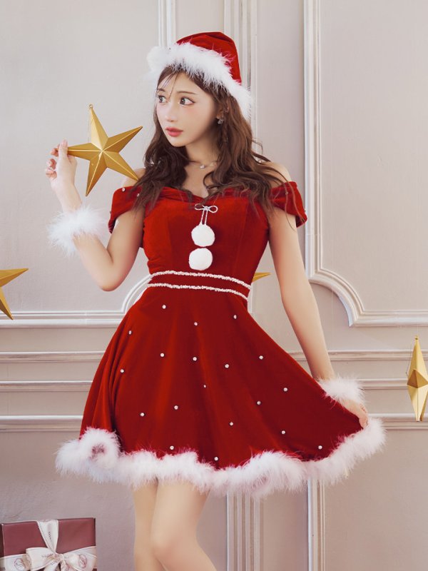 画像6: 【ノベルティ対象】【即日発送！】【サンタコス 5点セット】【XS-XLサイズ/3カラー】オフショルビジューリボンフレアサンタ[YMT]