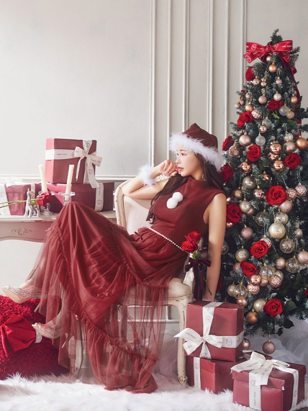 画像10: SALE!【サンタコス 4点セット】【S-Lサイズ/2カラー】リボン付きチュールロングスカートサンタコスプレ[YMT]