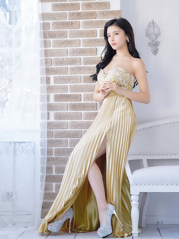 画像3: 【IRMA/イルマ】プリーツ/ベアデザイン/スピンドル/サテン/キャバドレスlong[HC03]