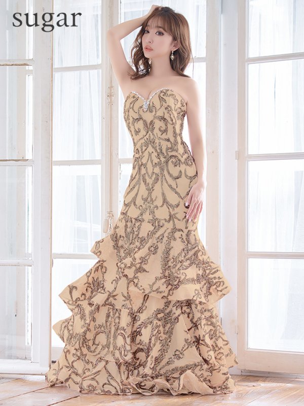 画像7: Lサイズあり【JEAN MACLEAN/ジャンマクレーン】スパンコール刺繍/ ベア/ フリルデザイン/ ロング/ キャバドレス long[HC03]