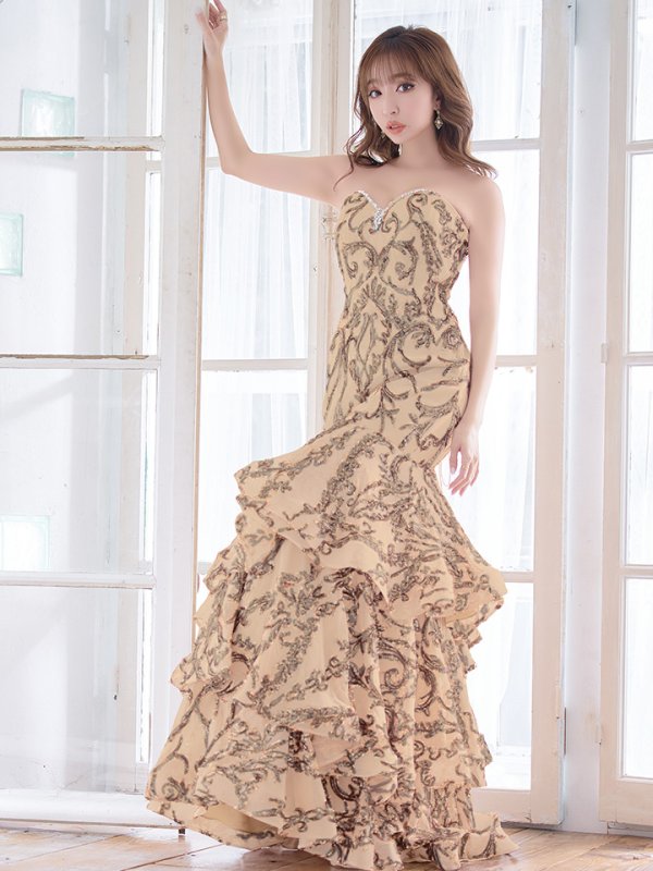 画像4: Lサイズあり【JEAN MACLEAN/ジャンマクレーン】スパンコール刺繍/ ベア/ フリルデザイン/ ロング/ キャバドレス long[HC03]