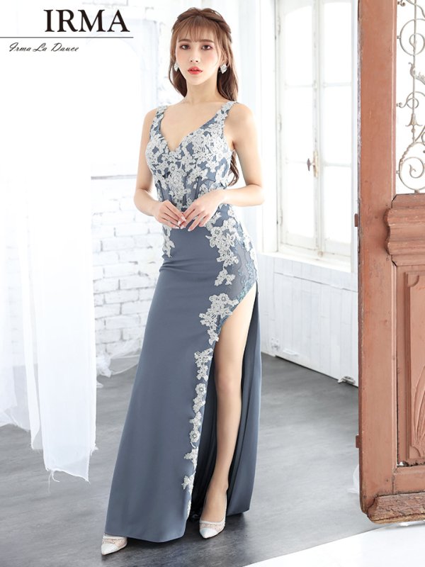 画像4: Lサイズあり【IRMA/イルマ】フラワー刺繍/ レース/ スリット/ ワンカラー/ ロングドレス/ キャバドレス long[HC03]