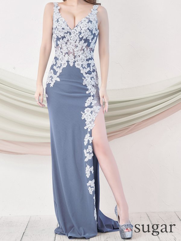 画像8: Lサイズあり【IRMA/イルマ】フラワー刺繍/ レース/ スリット/ ワンカラー/ ロングドレス/ キャバドレス long[HC03]