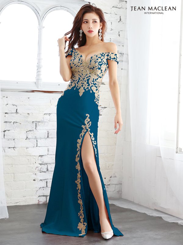 画像4: Lサイズあり【JEAN MACLEAN/ジャンマクレーン】デザイン刺繍/ オフショルス/ スリット/ ロング/ キャバドレス long[OF2A]