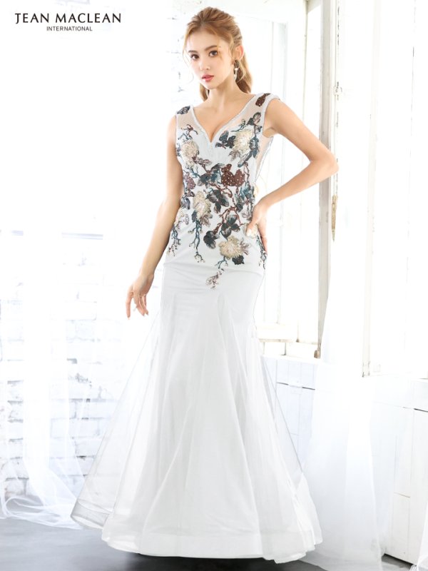 【JEAN MACLEAN/ジャンマクレーン】フラワー刺繍/ チュール/ マーメイド/ ロング/ キャバドレス long/ホワイト