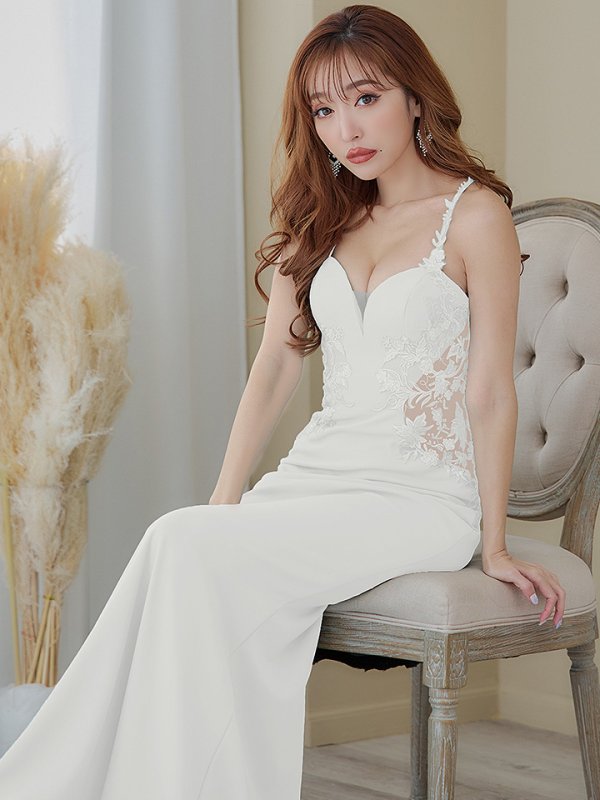 画像11: 【Lip line/リップライン】ワンカラー/ フラワー刺繍/ サイドシアー/ ノースリーブ/ ストレッチ/ タイト/ ロングドレス/ キャバドレス long[HC03]