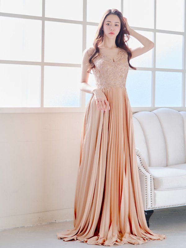 画像15: 【Lip line/リップライン】刺繍/ ワンカラー/ Vネック/ ノースリーブ/ ビジュー/ プリーツスカート/ Aライン/ ロングドレス/ キャバドレス long[HC03]