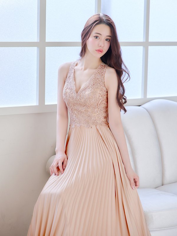 画像16: 【Lip line/リップライン】刺繍/ ワンカラー/ Vネック/ ノースリーブ/ ビジュー/ プリーツスカート/ Aライン/ ロングドレス/ キャバドレス long[HC03]