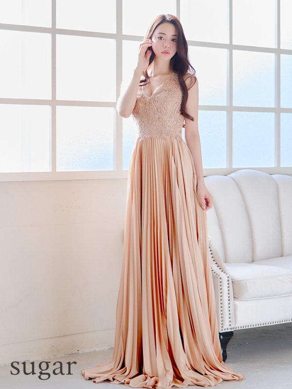 画像19: 【Lip line/リップライン】刺繍/ ワンカラー/ Vネック/ ノースリーブ/ ビジュー/ プリーツスカート/ Aライン/ ロングドレス/ キャバドレス long[HC03]