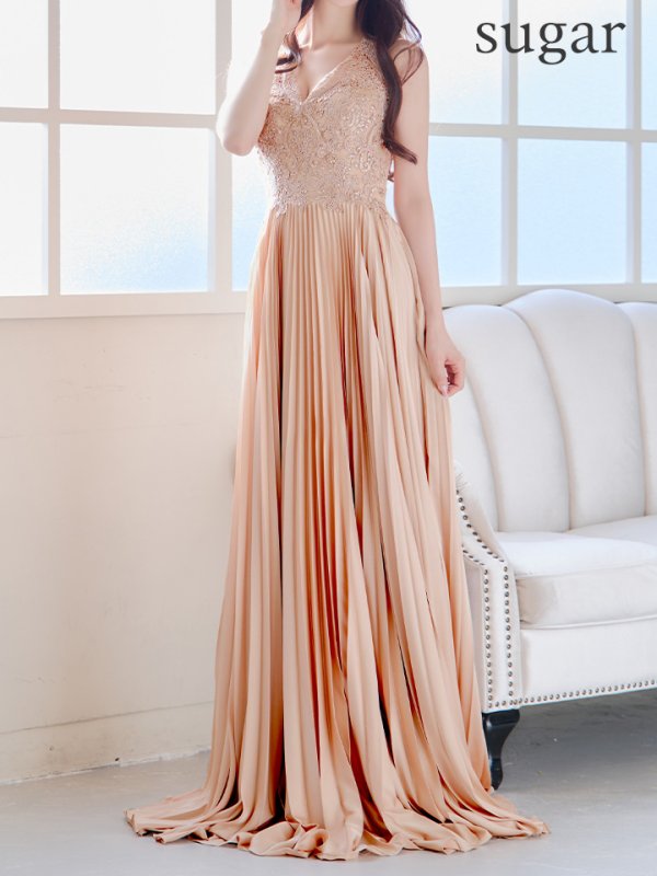 画像20: 【Lip line/リップライン】刺繍/ ワンカラー/ Vネック/ ノースリーブ/ ビジュー/ プリーツスカート/ Aライン/ ロングドレス/ キャバドレス long[HC03]